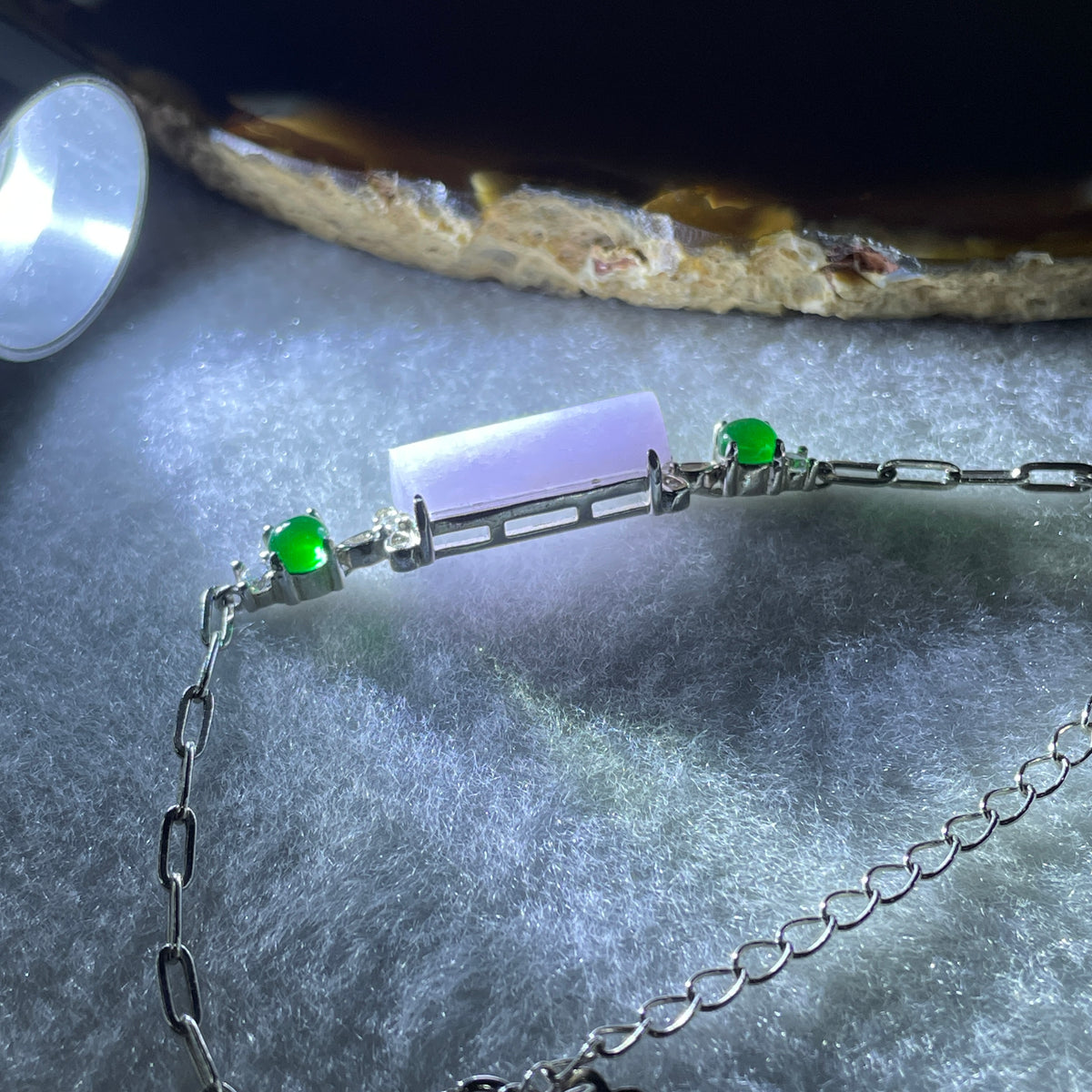 Natural Type A Lavender Jadeite Lulutong with Green Glass Accent in S925 Silver Bracelet | (4.93g | 13–17cm | 18.0 x 7.0 x 4.0mm | "Lù Lù Tōng" Smooth Fortune Anchor, Feng Shui Abundance Strand) - Huangs Jadeite and Jewelry Pte Ltd