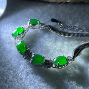 Natural Type A Omphacite Spicy Green Jadeite Cabochon Bracelet in S925 Silver | (7.18g | 15–18cm Adj | 7.8 x 6.0 x 2.5mm x 5 Pcs | Catalyst, "Wǔ Fú Lín Mén" Five Blessings Anchor, Feng Shui Prosperity & Executive Charm Strand) - Huangs Jadeite and Jewelry Pte Ltd