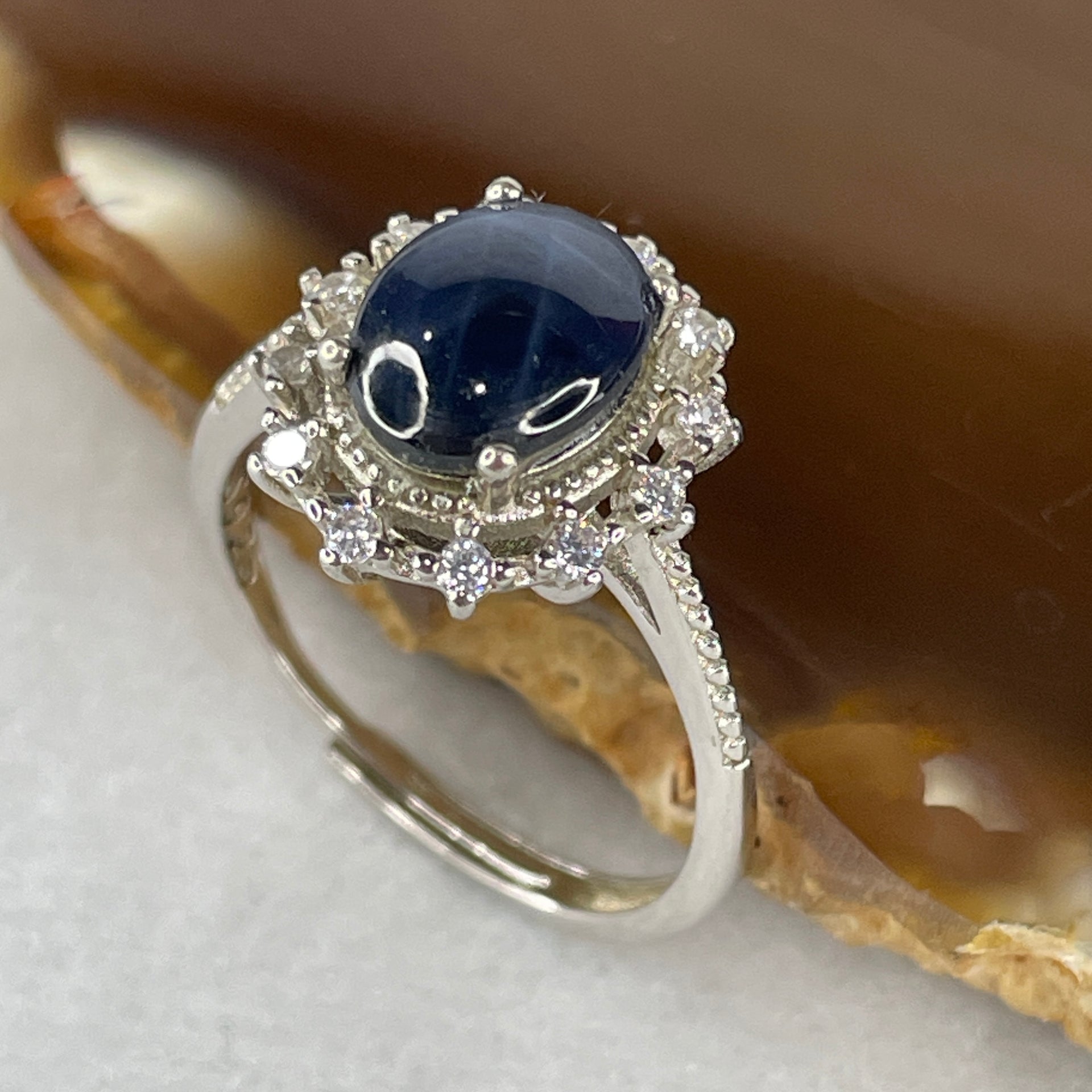 Natural-Synthetic-Blue-Star-Sapphire-with-Cubic-Zirconia-in-S925-Sliver-Ring-2.45g-9.3-by-6.8-by-3.5mm-(Adjustable-Size)