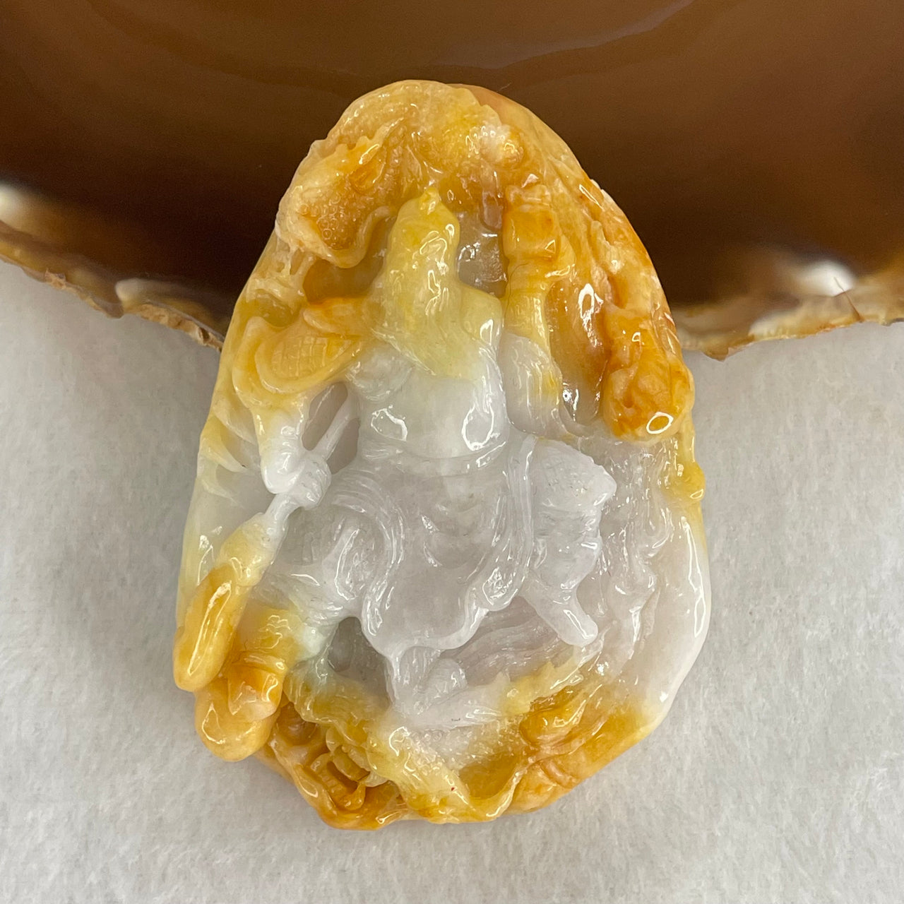 Type A Yellow with Faint Lavender Green Jadeite Guan Gong with Double Dragons 116.28g 75.0 by 54.0 by 16.8mm (Burned) - Huangs Jadeite and Jewelry Pte Ltd