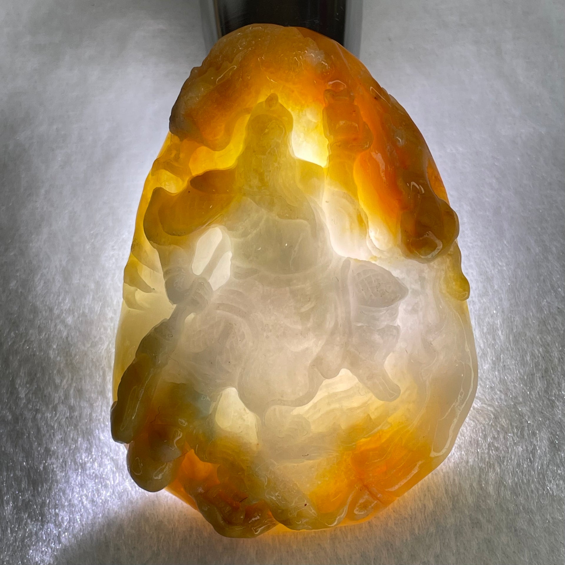 Type A Yellow with Faint Lavender Green Jadeite Guan Gong with Double Dragons 116.28g 75.0 by 54.0 by 16.8mm (Burned) - Huangs Jadeite and Jewelry Pte Ltd