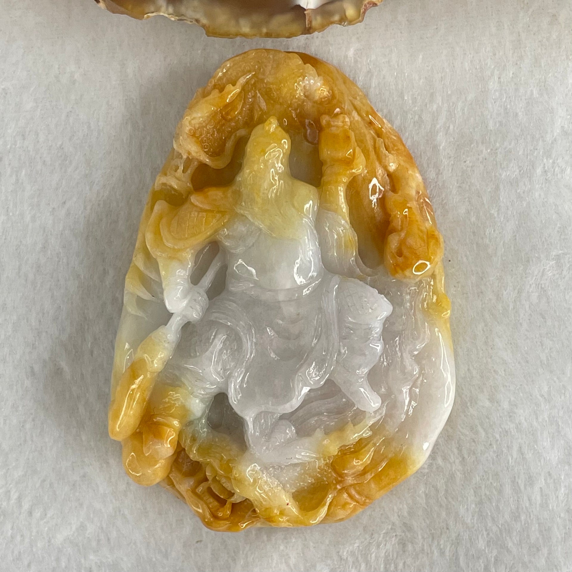 Type A Yellow with Faint Lavender Green Jadeite Guan Gong with Double Dragons 116.28g 75.0 by 54.0 by 16.8mm (Burned) - Huangs Jadeite and Jewelry Pte Ltd