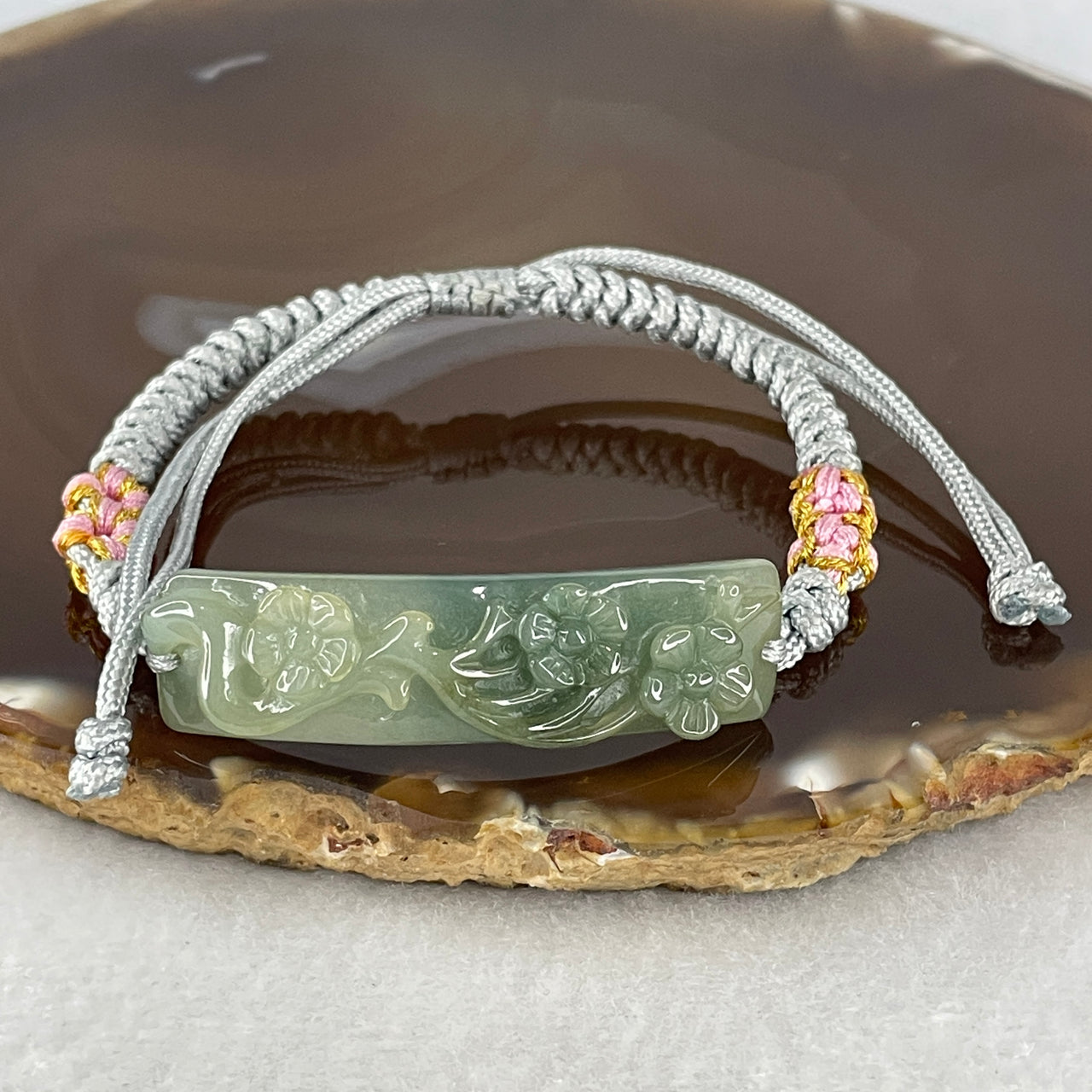 Natural Type A Blueish Green Jadeite Continuous Flowers Bracelet | Adjustable 15.5-20cm Organic Botanical Carved Bar Amulet (10.68g, 46.8x12.1x7.3mm)