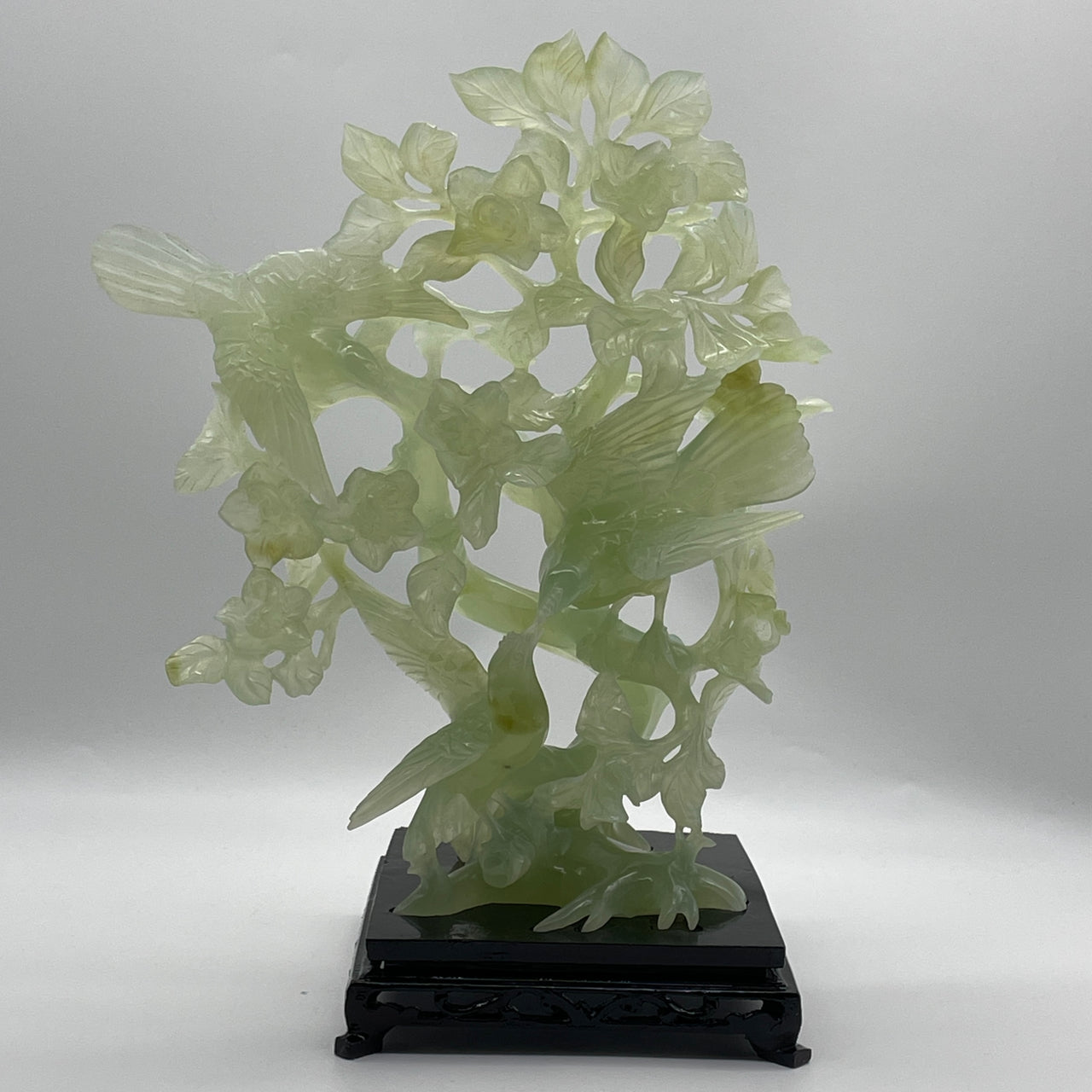 Natural Icy Green Serpentine 3 Javan Mynah Birds on Tree with Wooden Stand Display 1,418.9g 250.0 by 165.0 by 315.0mm