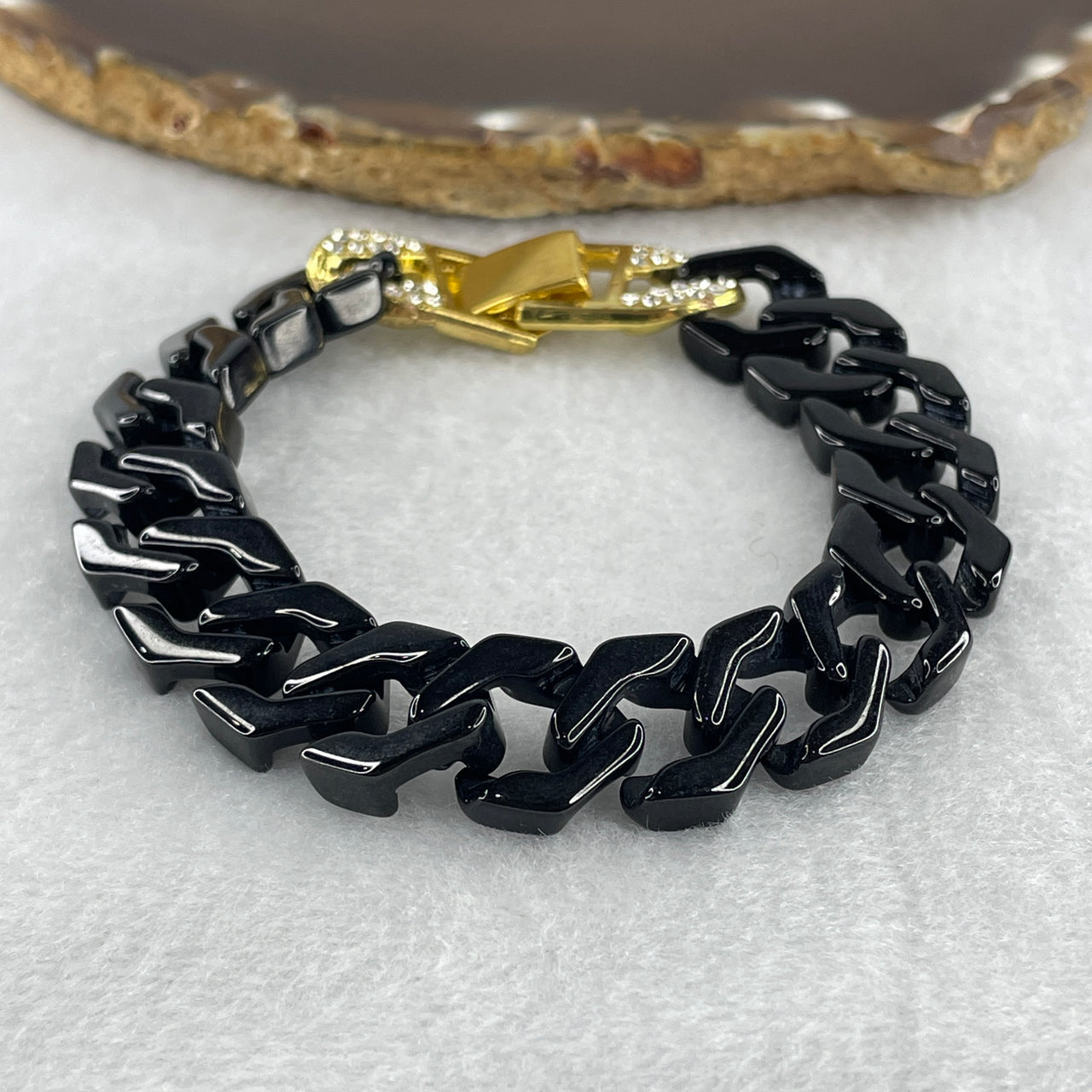 Certified Natural Type A Black Omphacite Jadeite Cuban Tennis Bracelet with Gold Color and Cubic Zirconia Clap 29.63g Up to 19cm 14.0 by 5.0mm 17 Pcs