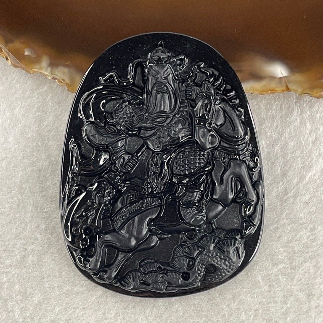 Certified Natural Type A Black Omphacite Jadeite Guan Gong on Champion Stallion Pendant 22.80g 60.5 by 46.7 by 6.0mm