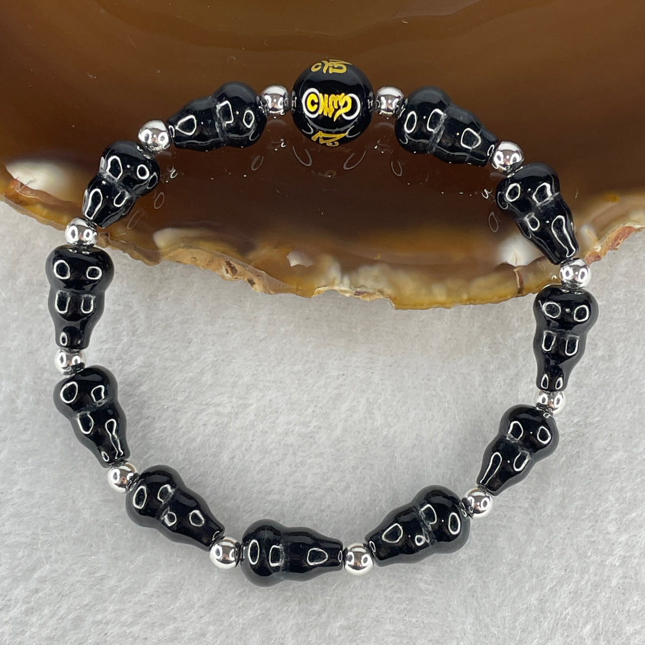 Certified Natural Type A Opaque Black Omphacite Jadeite Hulu with Om Mani Padme Hum Beads Bracelet 16.83g 14.5cm 7.8mm 11 Hulu