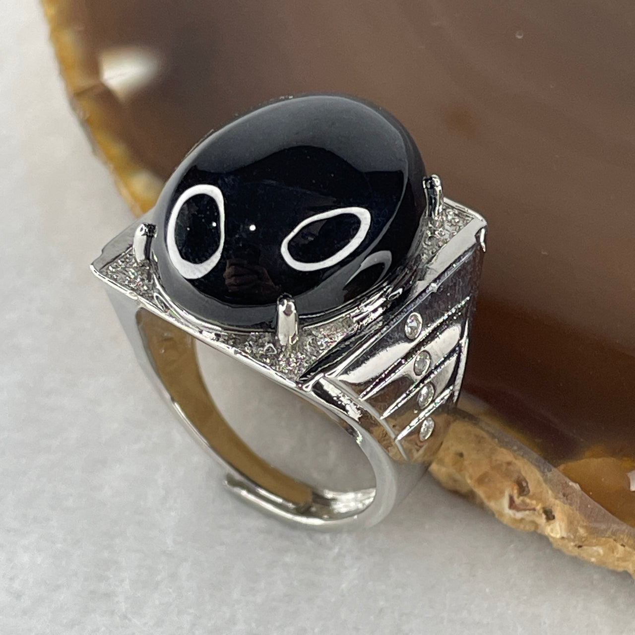 Natural Type A Opaque Black Omphacite Jadeite Bead Ring 11.08g 20.1 by 15.1 by 9.5mm (Adjustable Size)