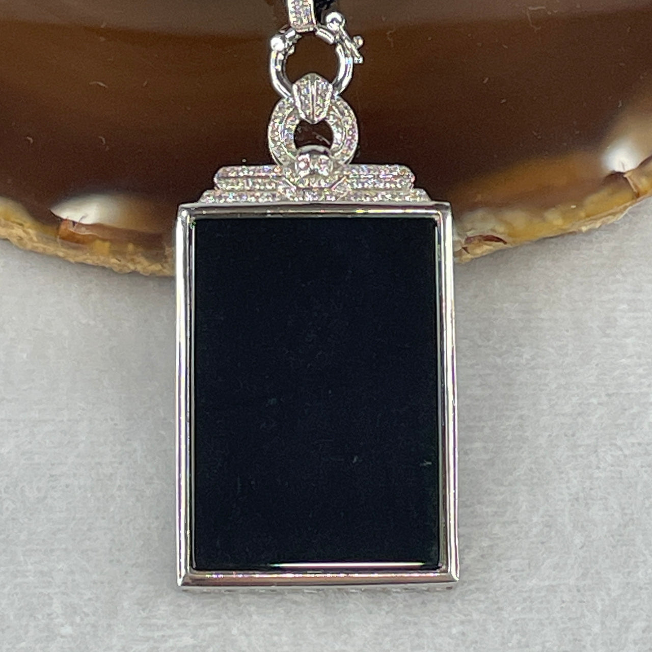 Certified Natural Type A Black Omphacite Jadeite Wu Shi Pai in S925 Sliver Pendant 17.96g 39.0 by 26.6 by 1.5mm