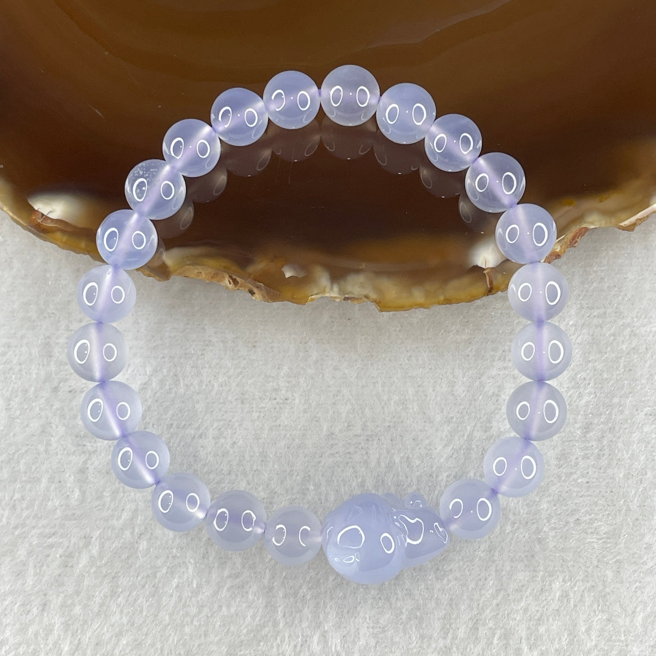 Very Good Grade Natural Blue Lavender Chalcedony Agate Beads with Fortune Cat Charm Bracelet 17.17g 15.5cm 7.8mm 22 Beads - 16.5 by 15.8 by 11.7mm Cat