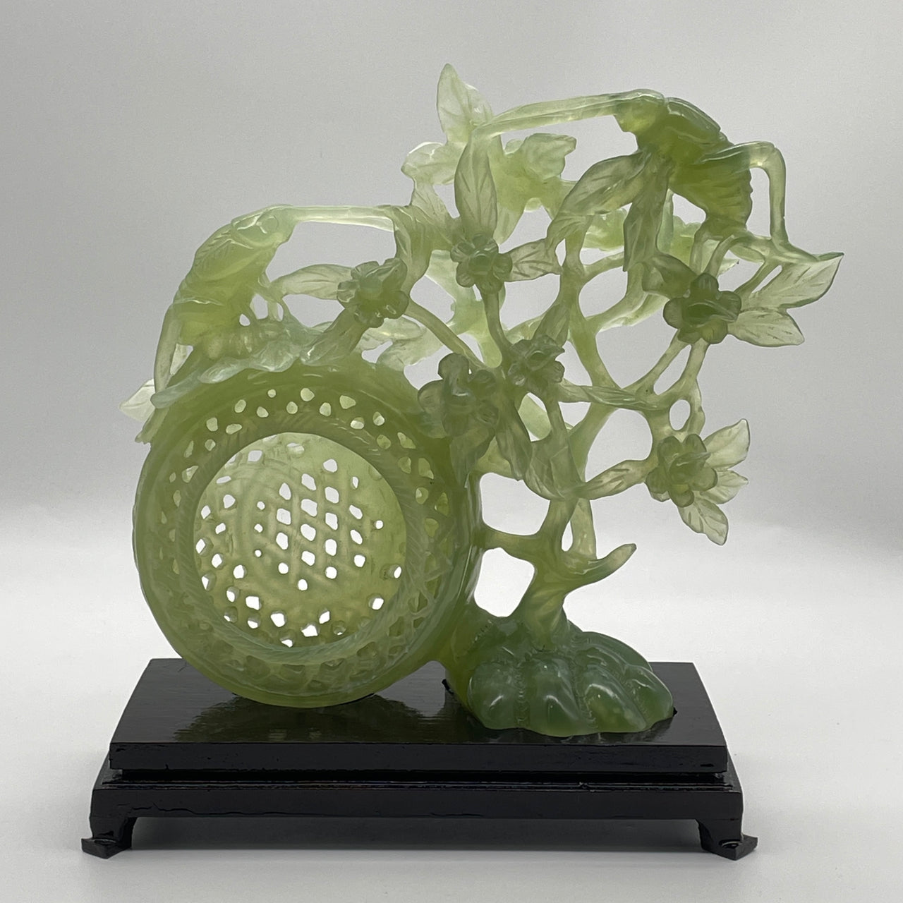 Natural Semi Icy Green Serpentine Twin Cricket on Flower Tree and Basket with Wooden Stand Display 1,171.1g 240.0 by 110.0 by 240.0mm