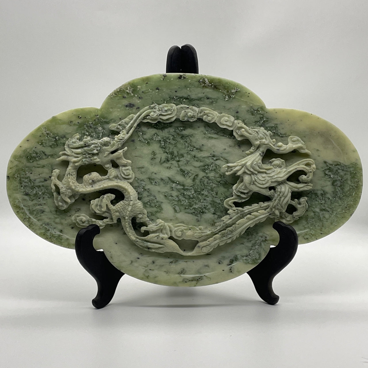 Natural Green with Dark Green and Black Piao Hua Serpentine Dragon and Phoenix Plate with Wooden Stand Display 2,258.5g 385.0 by 110.0 by 275.0mm