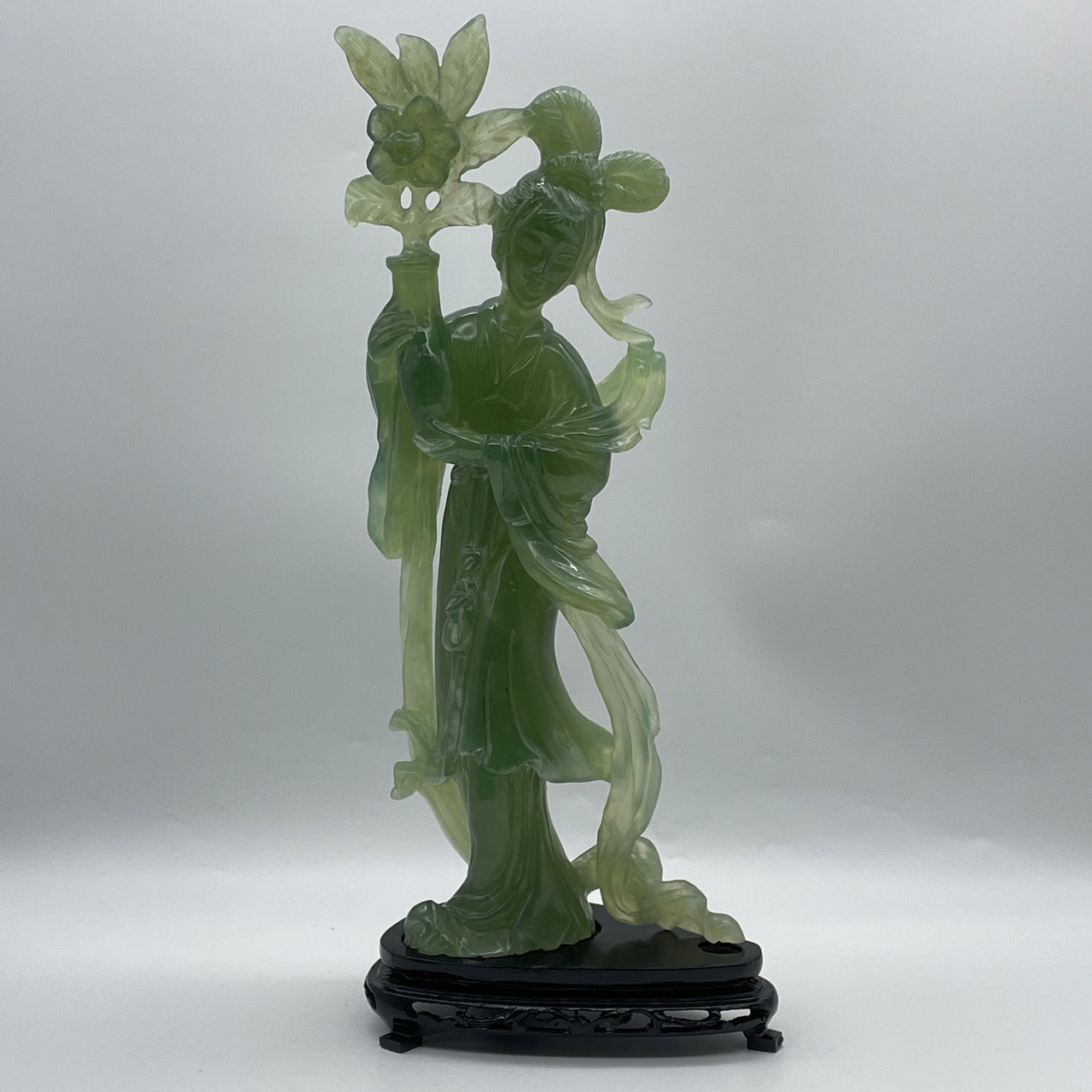 Natural Semi Icy Dark Green Serpentine Fairy and Vase with Flower with Wooden Stand Display 1,516.1g 150.0 by 95.0 by 355.0mm