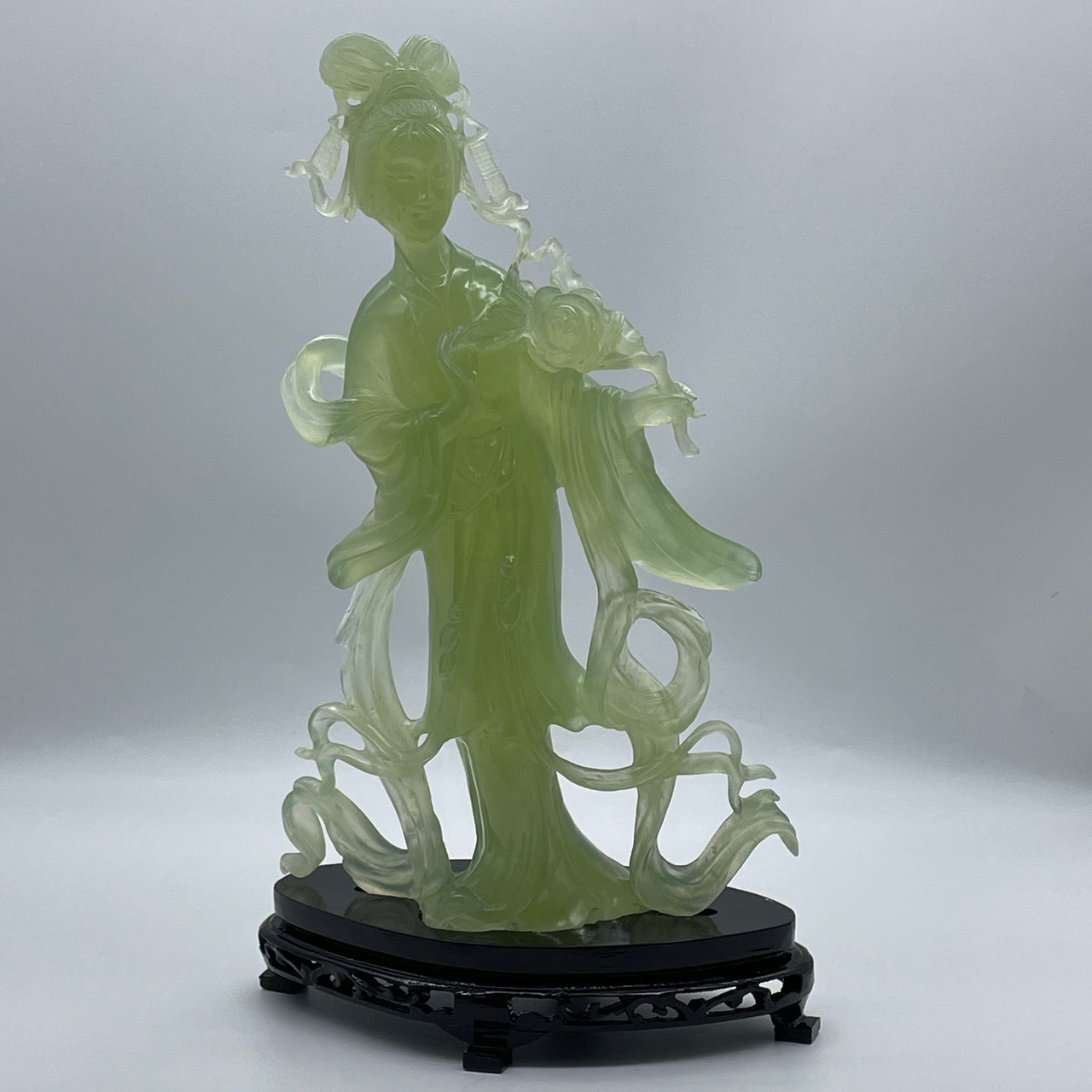 Natural Semi Icy Green Serpentine Fairy with Flower on Wooden Stand Display 1,740.1g 200.0 by 120.0 by 340.0mm