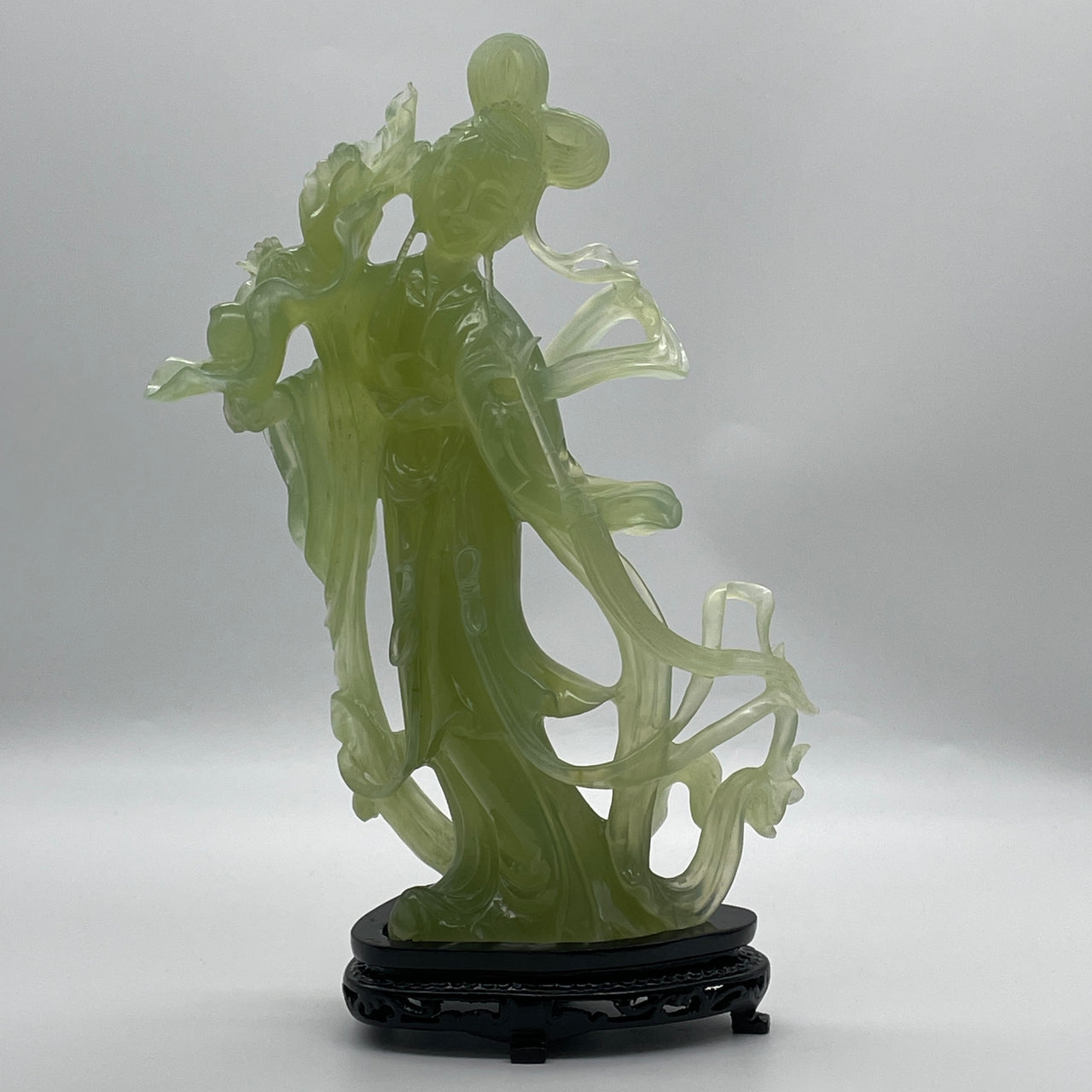 Natural Semi Icy Green Serpentine Fairy with YuanBao on Leaf on Wooden Stand Display 1,404.2g 127.0 by 84.8 by 300.0mm