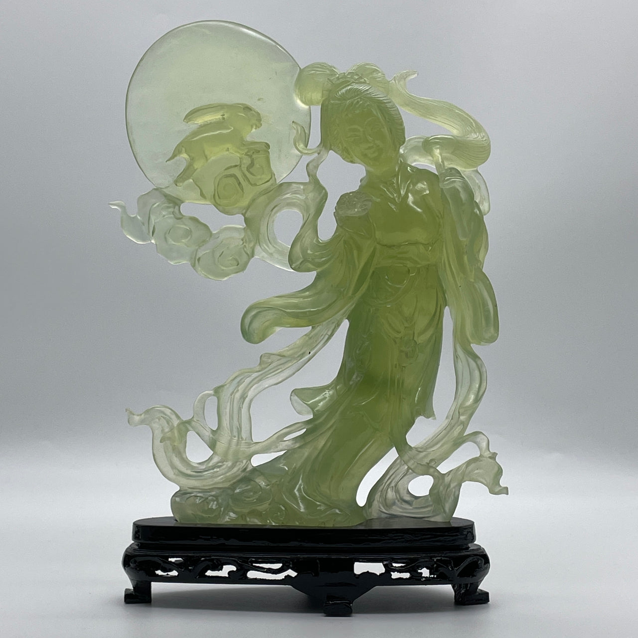 Natural Semi Icy Green Serpentine Fairy with Rabbit and Moon with Wooden Stand Display 1,109.9g 188.0 by 70.0 by 255.0mm