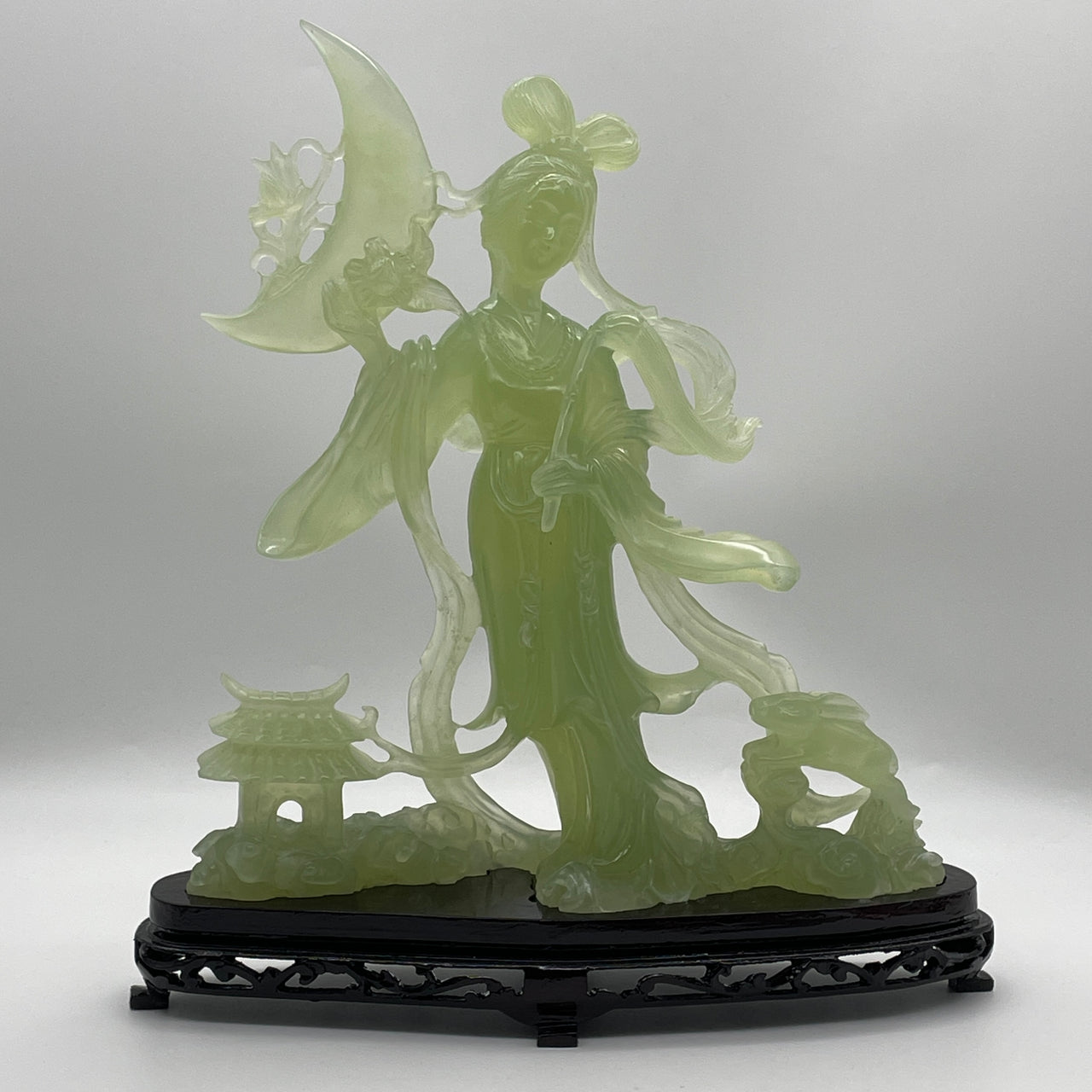 Natural Semi Icy Green Serpentine Fairy with Moon and Rabbit on Wooden Stand Display 1,799.6g 290.0 by 100.0 by 325.0mm