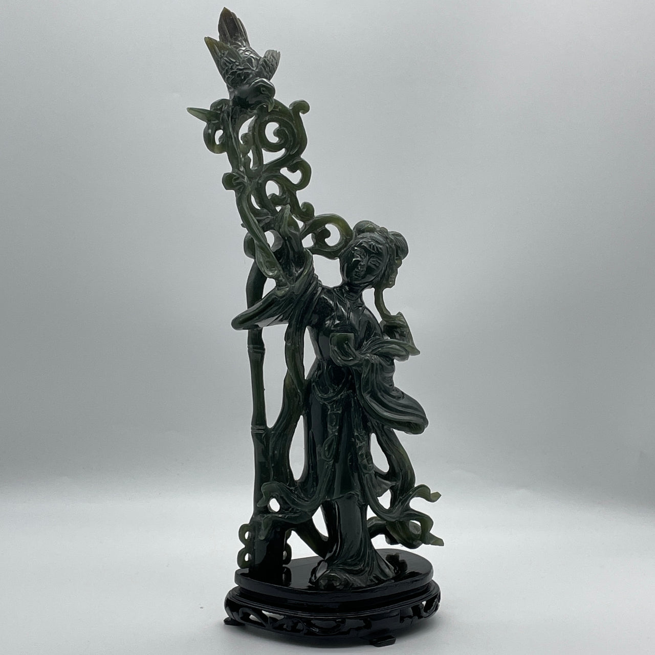 Natural Dark Green Serpentine Fairy with Bird on Wooden Stand Display 1,066.1g 120.0 by 90.0 by 350.0mm