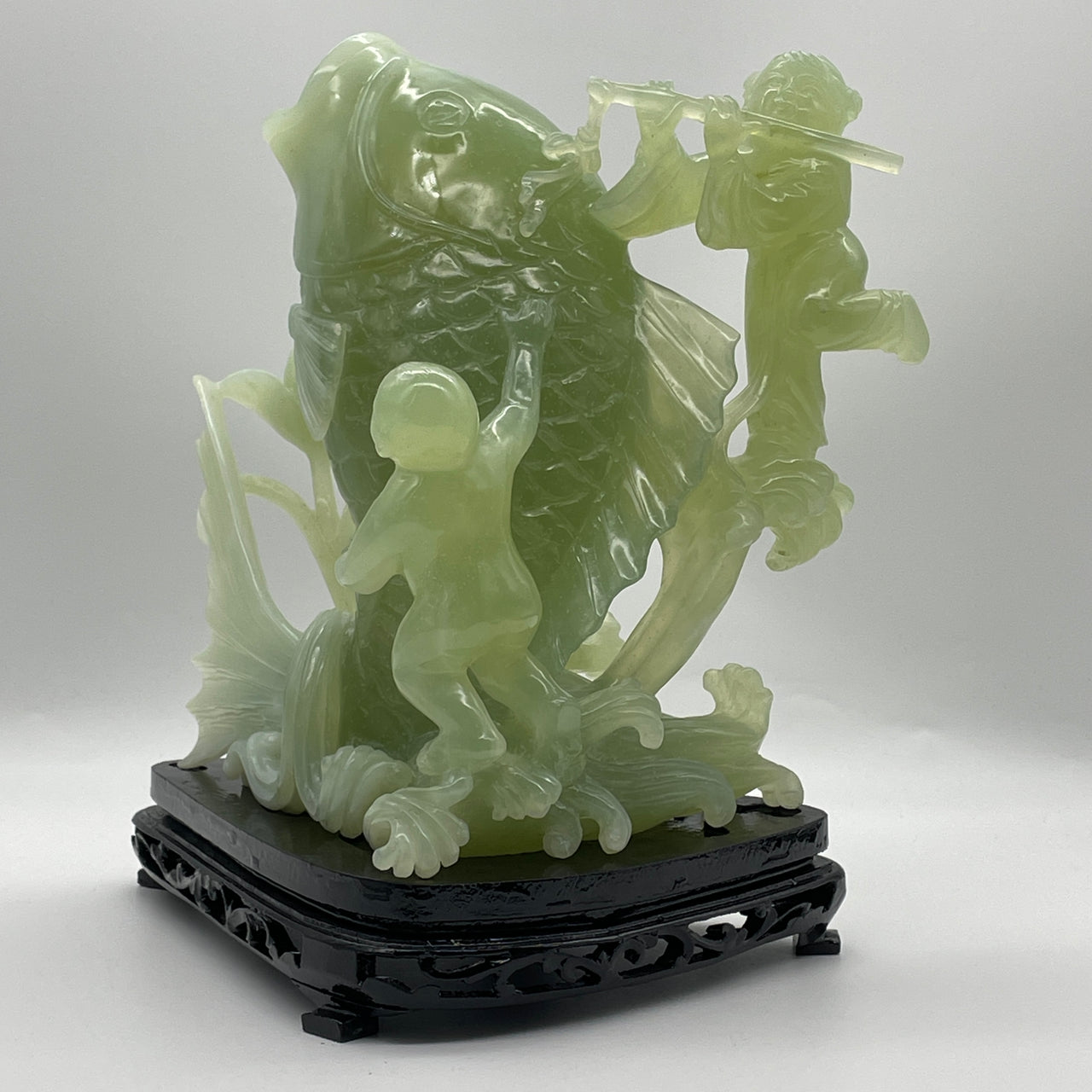 Natural Green Serpentine Carp Fish with Jīn Tóng Yù Nǚ on Wooden Stand Display 4,469.5g 235.0 by 180.0 by 280.0mm