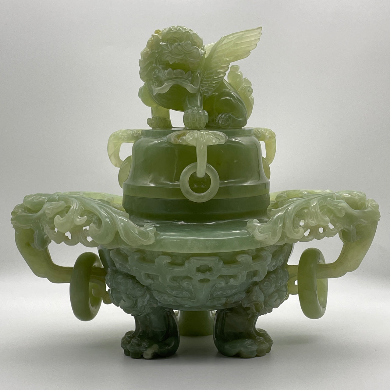 Natural Light Green Serpentine Flying Fu Gou Furnace Display 8,384.1g 370.0 by 220.0 by 330.0mm