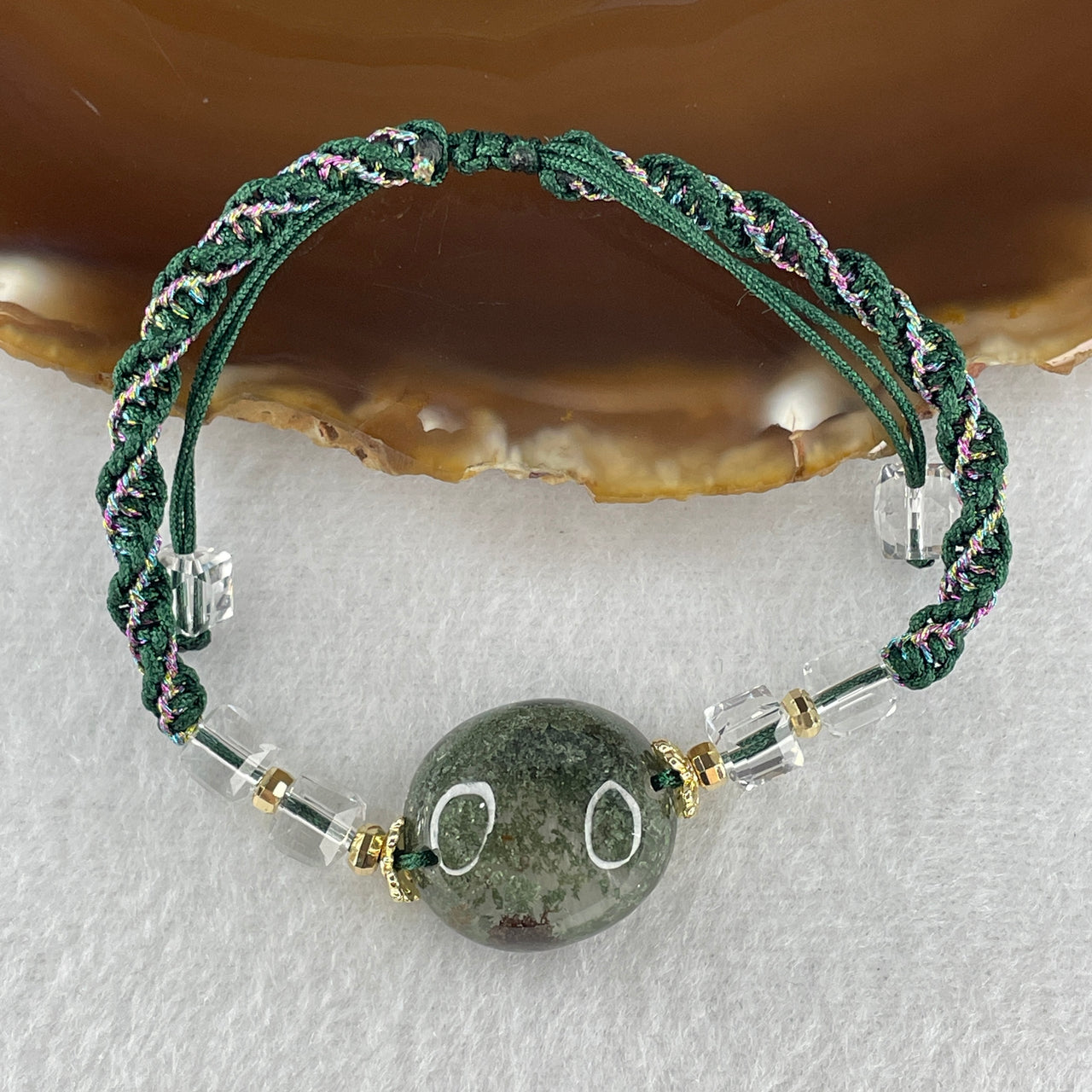 Natural Green Phantom Quartz Round Shape with Man Made Beads String Bracelet 9.65g 15-18cm 19.6 by 18.1 by 11.3mm 1 Bead - 6.2mm 4 Beads