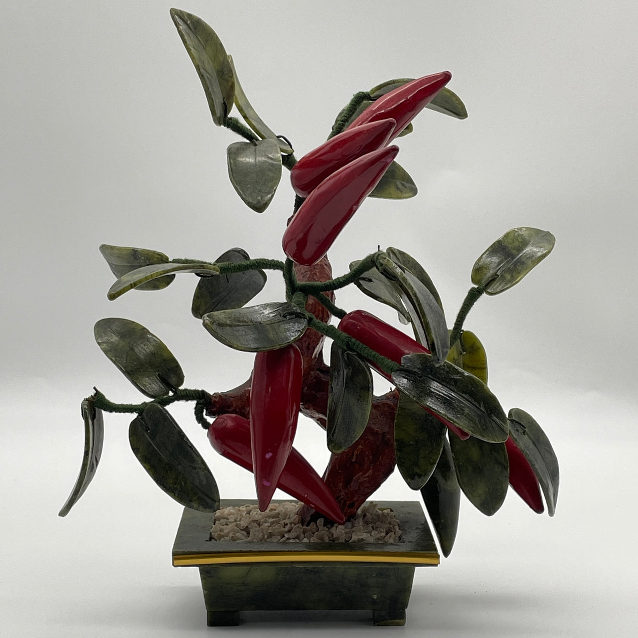 Natural Dark Green with Red Serpentine Chili Tree with Rocks in Pot Display 836.6g 230.0 by 160.0 by 245.0mm