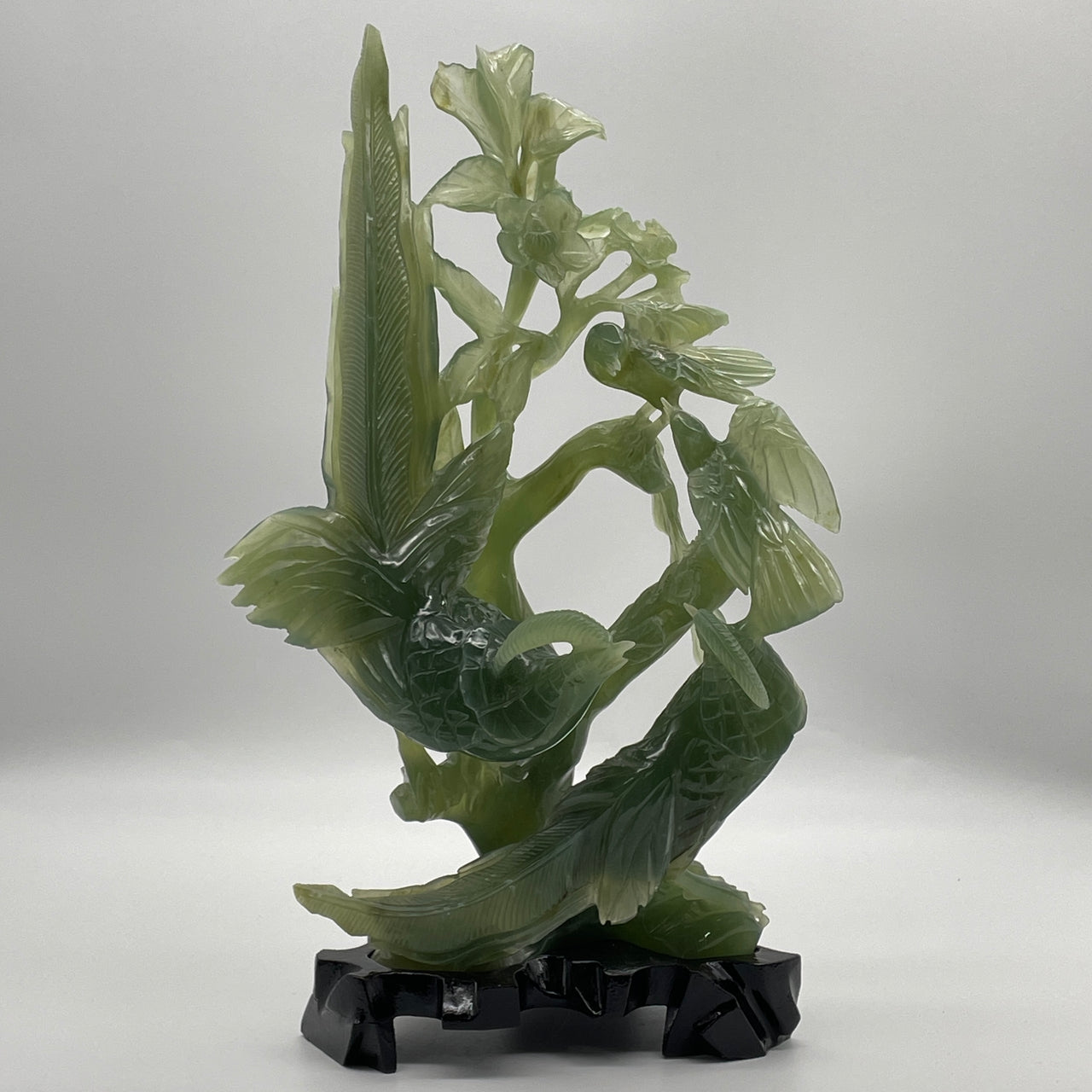 Natural Semi Icy Dark Green Serpentine Twin Phoenix with Twin Birds on Tree with Wooden Stand Display 1,655.5g 215.0 by 140.0 by 340.0mm