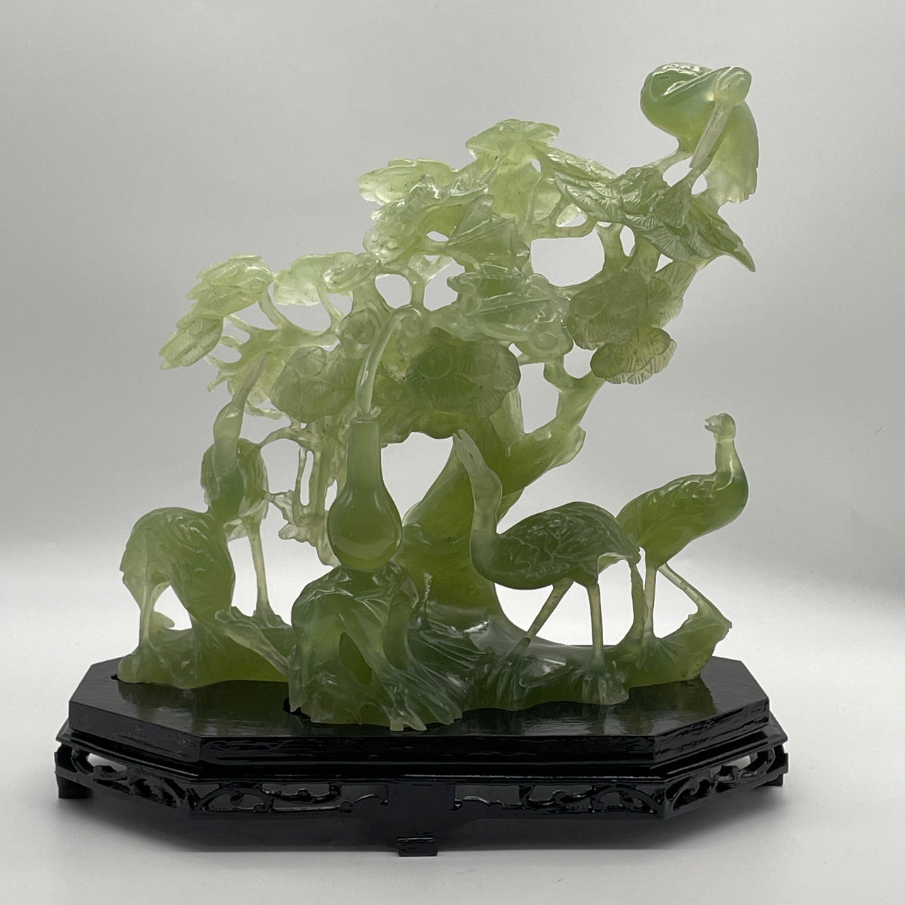Natural Semi Icy Green Serpentine 5 Crane with Twin Bats and Hulu on Tree with Wooden Stand Display 2,155.6g 275.0 by 155.0 by 280.0mm