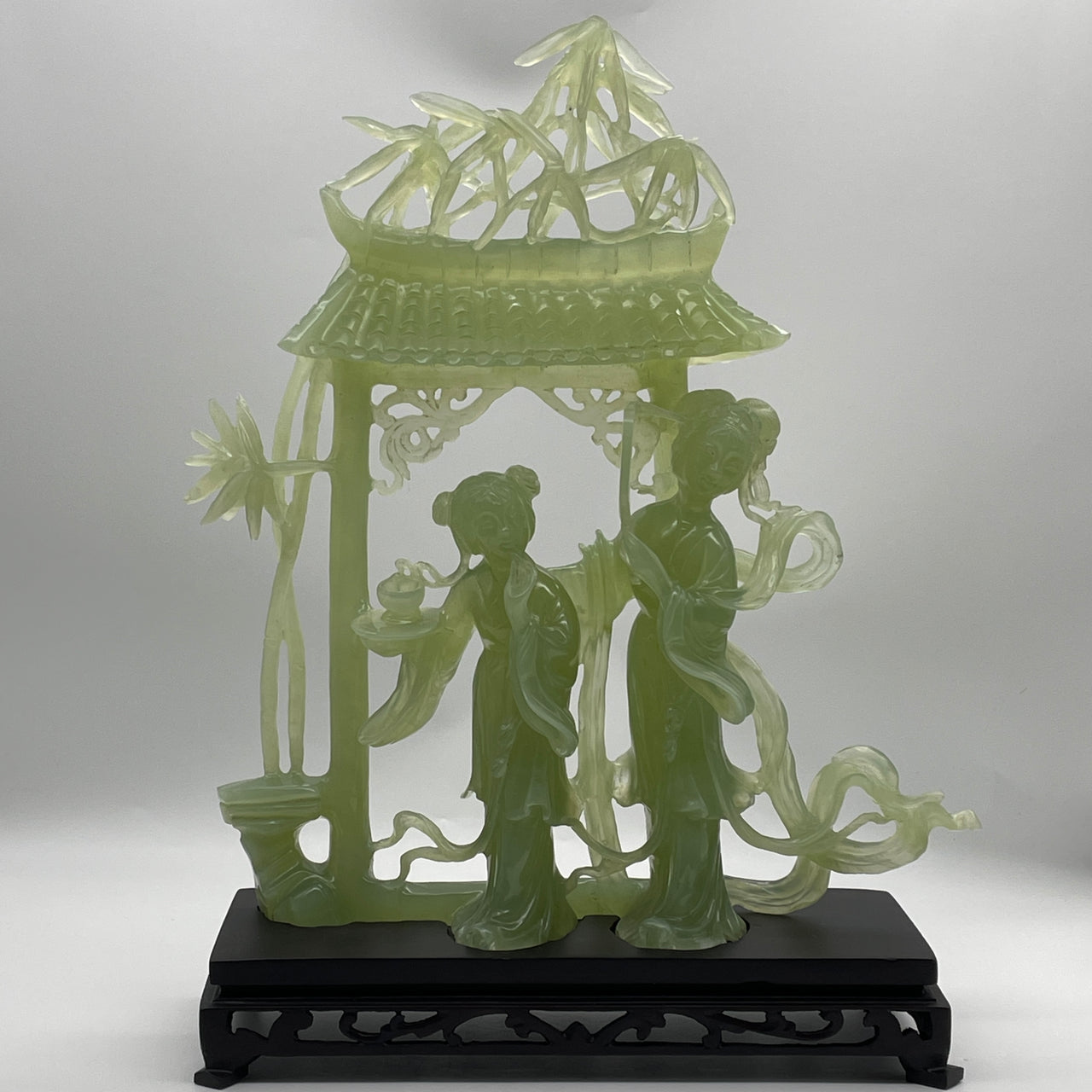 Natural Semi Icy Green Serpentine Twin Fairy with Bamboo and Roof with Wooden Stand Display 2,524.6g 280.0 by 125.0 by 395.0mm
