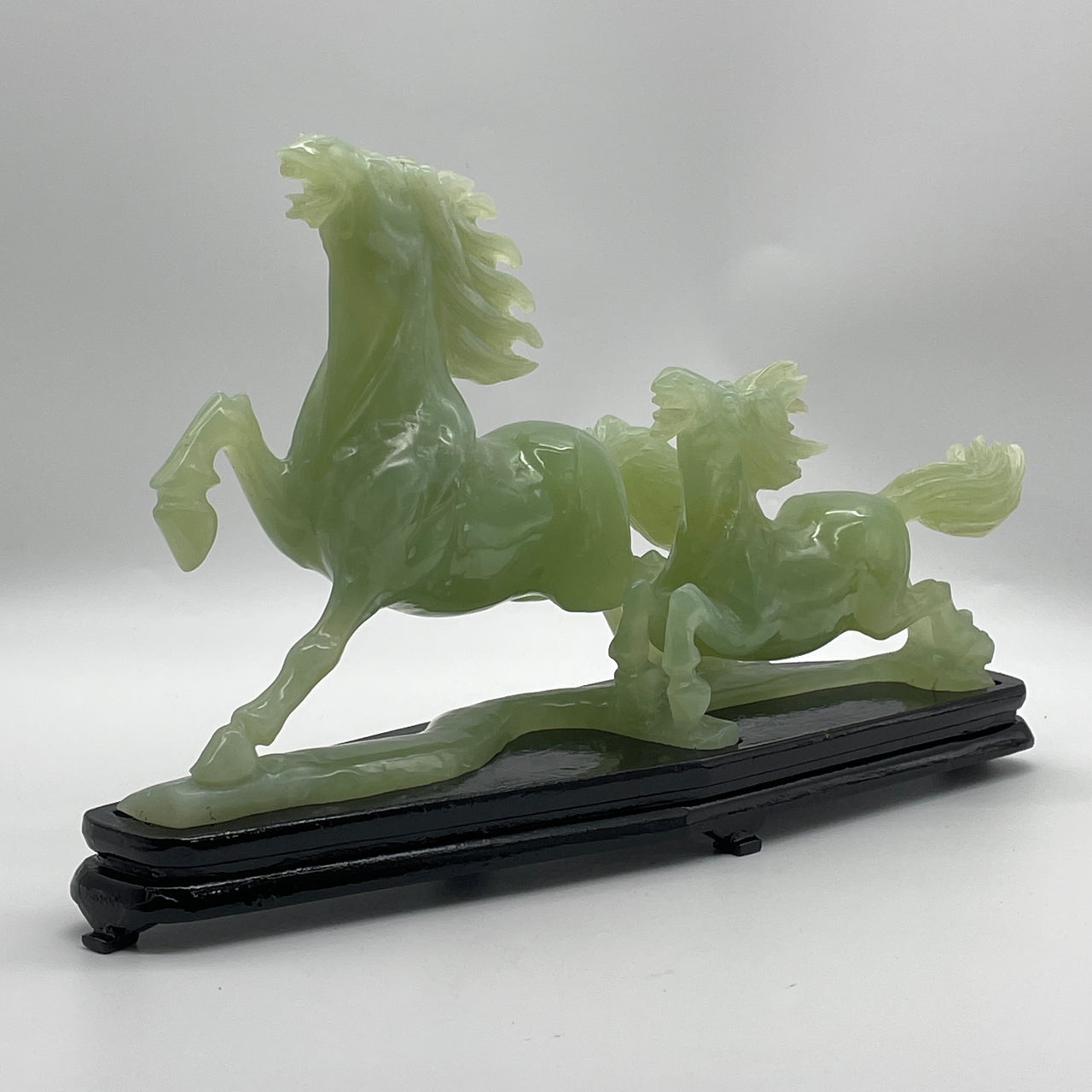 Natural Green Serpentine Double Horse with Wooden Stand Display 1,807.4g 220.0 by 105.0 by 210.0mm