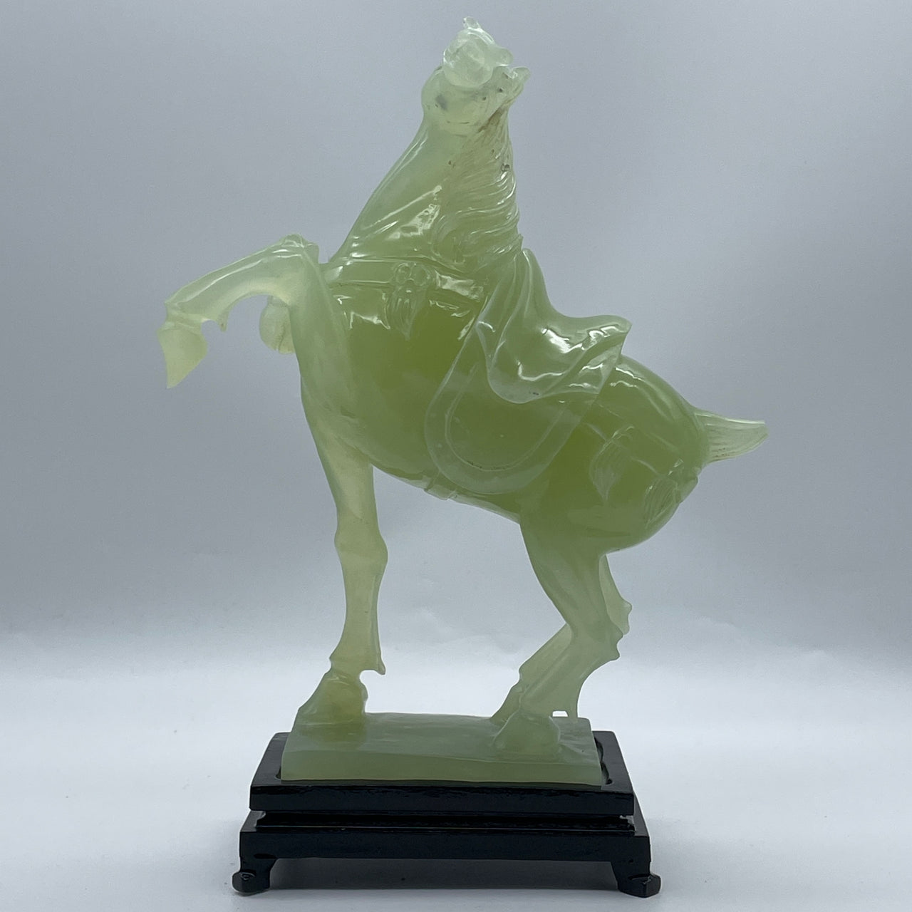 Natural Jelly Light Green Serpentine Victory Horse with Wooden Stand Display 1,581.9g 200.0 by 90.0 by 265.0mm