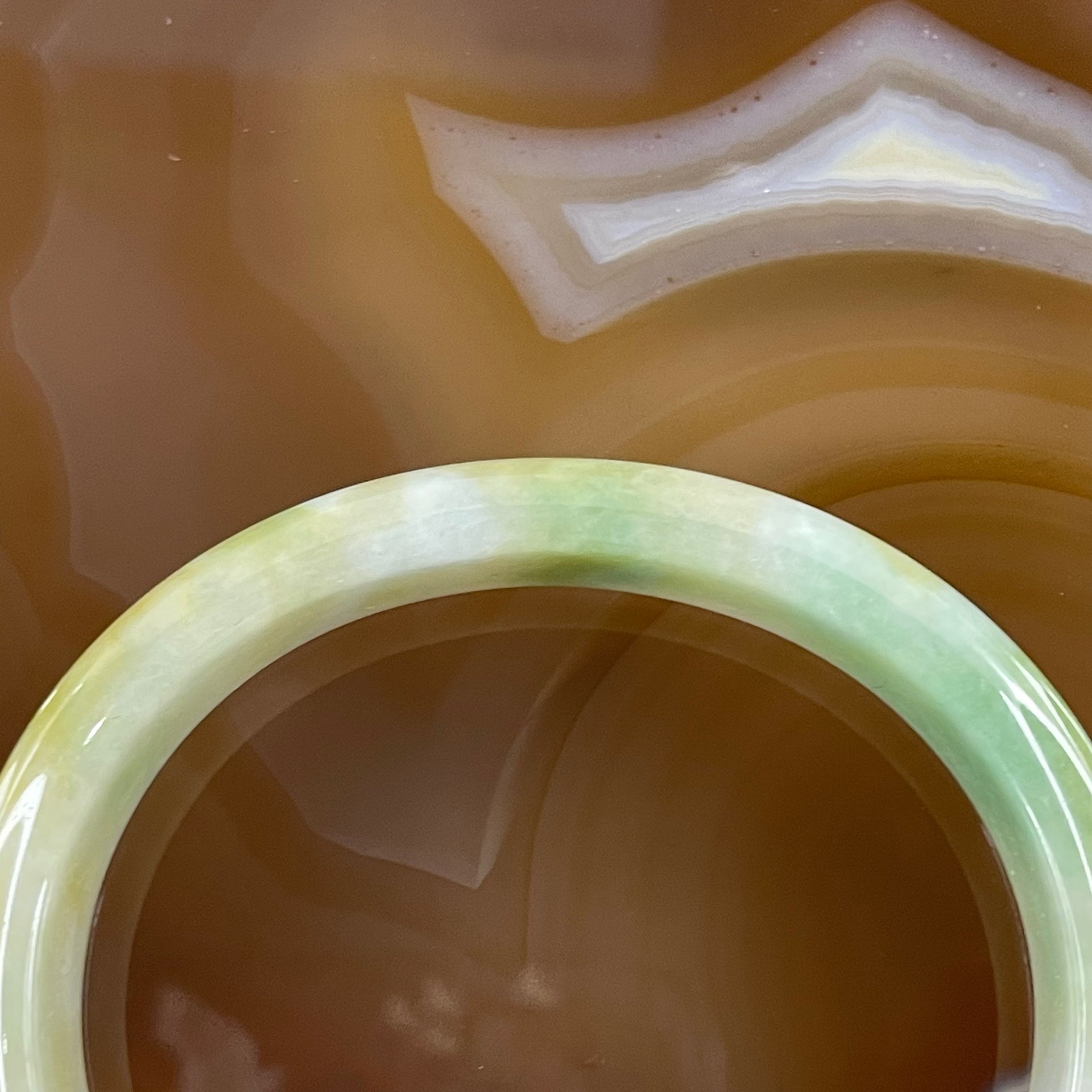 Type A Green, Yellow, Lavender and Brown Jade Jadeite Oval Bangle 38.30g inner Dia 55.1mm 12.3 by 6.4mm (Slight External Rough) - Huangs Jadeite and Jewelry Pte Ltd