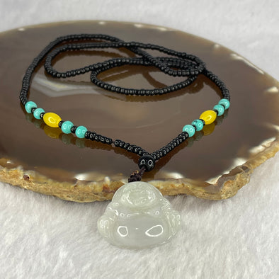 Semi Icy Type A Faint Green Jadeite Milo Buddha 27.7 by 23.0 by 6.3mm with Onyx Turquoise Agate Necklace 5.00g - Huangs Jadeite and Jewelry Pte Ltd
