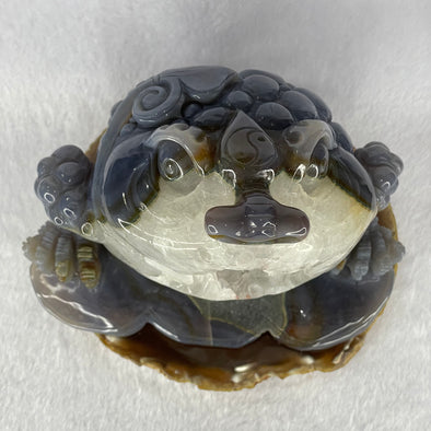 Natural Blue Purple Brown and White Agate 3 Legged Toad on Prosperity Ruyi Display 2045.0g 160.0 by 111.6g by 126.9g - Huangs Jadeite and Jewelry Pte Ltd