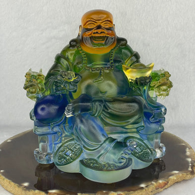 Liuli Crystal Prosperity Milo Buddha with Treasures on Dragon Chair 1,318.4g 111.0 by 108.4 by 107.5mm - Huangs Jadeite and Jewelry Pte Ltd