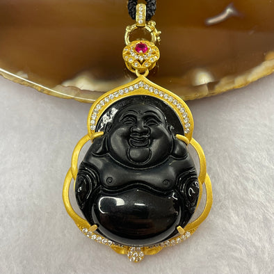 Type A Black Jade Jadeite Milo Buddha Pendant with 925 Silver Setting - 29.78g 59.4 by 40.2 by 13.6 mm - Huangs Jadeite and Jewelry Pte Ltd