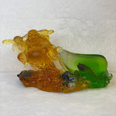 Liuli Crystal Milo Buddha with Money Bag and Fish Name Card Holder 662g 170.0 by 59.6 by 89.5mm - Huangs Jadeite and Jewelry Pte Ltd