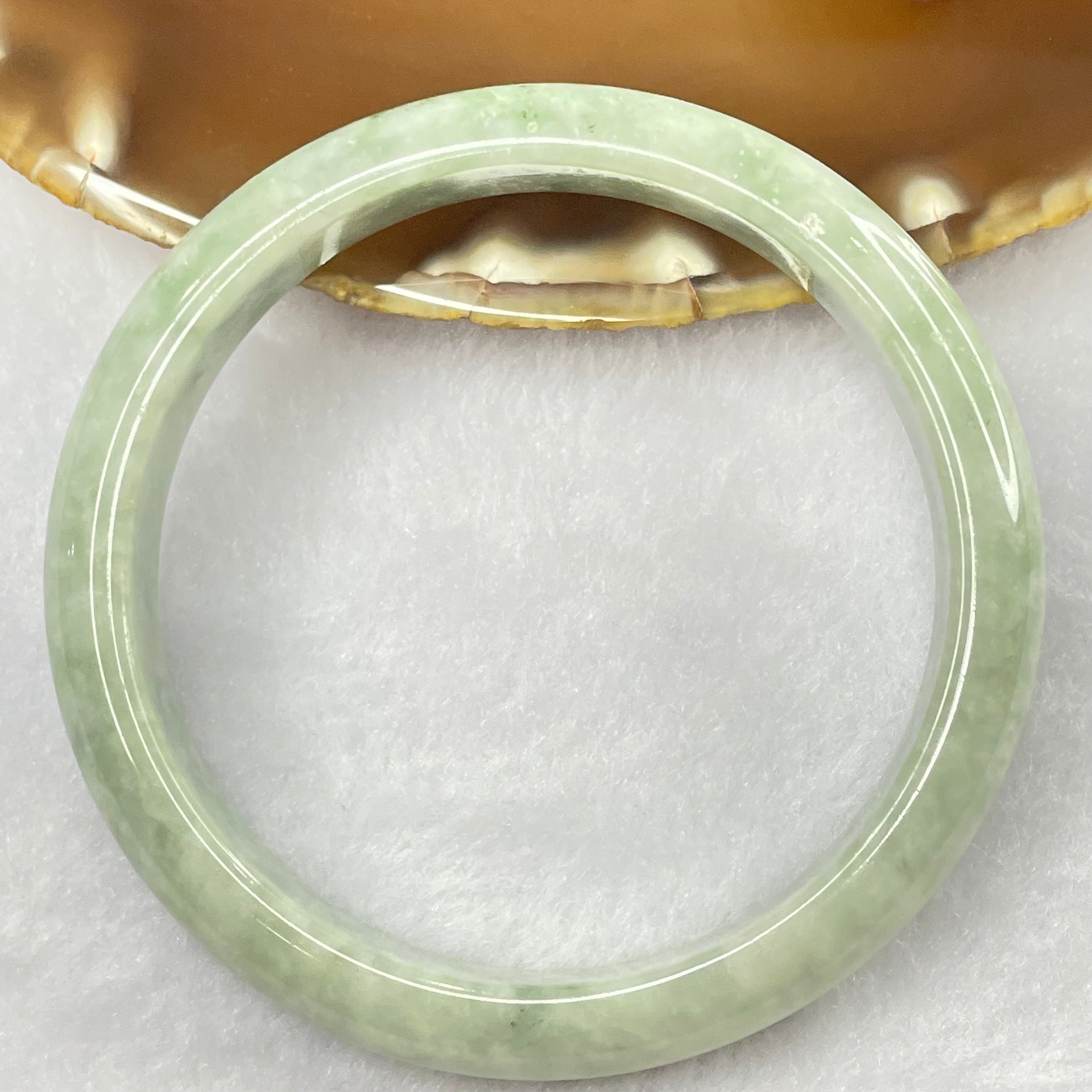 Type A Green with Spicy Green Patches Jade Jadeite Bangle 42.59g inner Dia 59.0mm 11.3 by 7.5mm (External Rough) - Huangs Jadeite and Jewelry Pte Ltd