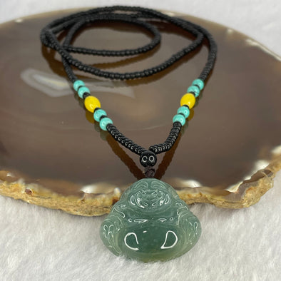 Type A ICY Blueish Green with Yellow Milo Buddha 30.3 by 25.5 by 7.4mm with Onxy Turquoise Agate Necklace 7.78g - Huangs Jadeite and Jewelry Pte Ltd