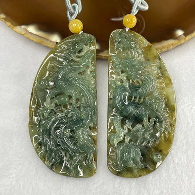 Grand Master Semi Icy Bluish Green and Yellow Jadeite Dragon and Phoenix Pendant - 46.56g 70.3 by 32.5 by 7.5 mm - Huangs Jadeite and Jewelry Pte Ltd
