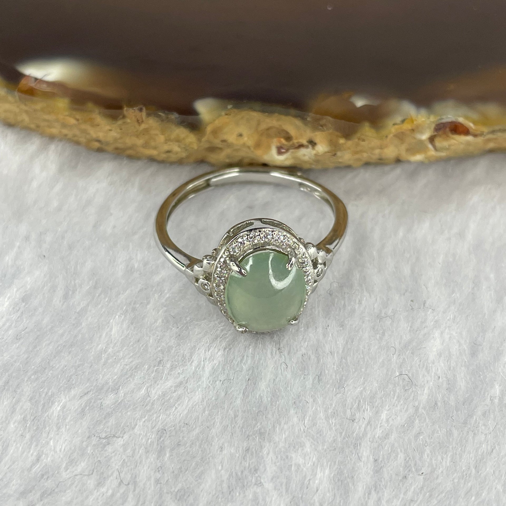 Type A ICY Jelly Faint Sky Blue Jadeite in 925 silver Ring 2.29g stone about 9.0 by 7.7 by 3.2mm Adjustable Size - Huangs Jadeite and Jewelry Pte Ltd