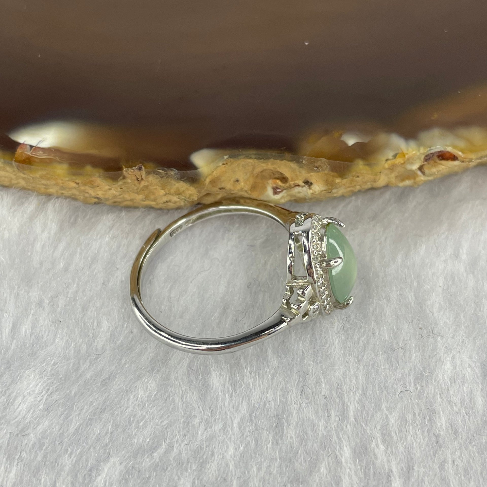 Type A ICY Jelly Faint Sky Blue Jadeite in 925 silver Ring 2.29g stone about 9.0 by 7.7 by 3.2mm Adjustable Size - Huangs Jadeite and Jewelry Pte Ltd