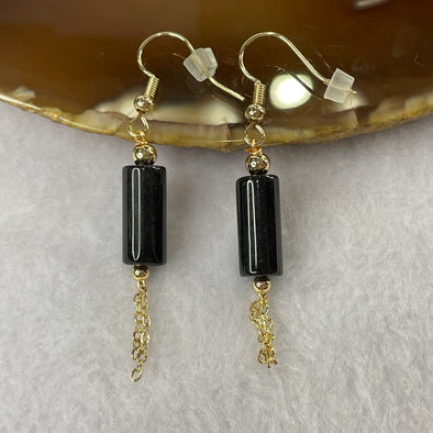 Type A Black Jade Jadeite Barrel 14K Gold Filled Earring - 4.79g 15.3 by 15.3 by 6.8 mm - Huangs Jadeite and Jewelry Pte Ltd