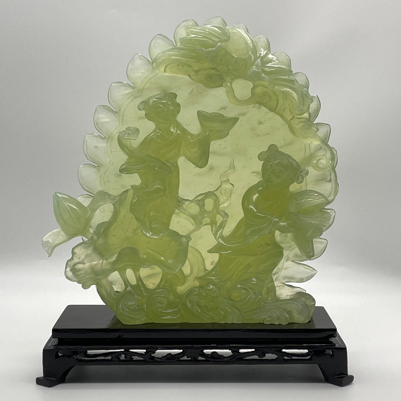 Natural Icy Green Serpentine Jīn Tóng Yù Nǚ Girl with Golden Boy  with Twin Bats on Lotus Flower with Wooden Stand Display 2,827.3g 255.0 by 110.0 by 290.0mm