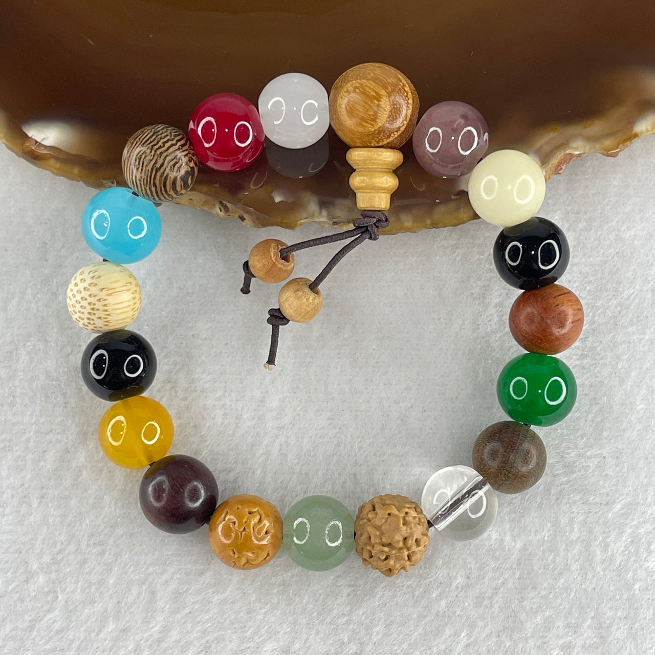 Natural Multi Treasures Agate Wood Beads Bracelet 18.21g 15cm 10.6mm 18 Beads