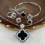 Certified-Natural-Type-A-Black-Omphacite-Jadeite-4-Leafs-Clover-in-S925-Sliver-Set-of-Earrings-6.6-by-6.4mm-Ring-and-Bracelet-9.9-by-8.9mm-Pendant-17.0-by-14.0mm-Total-21.55g