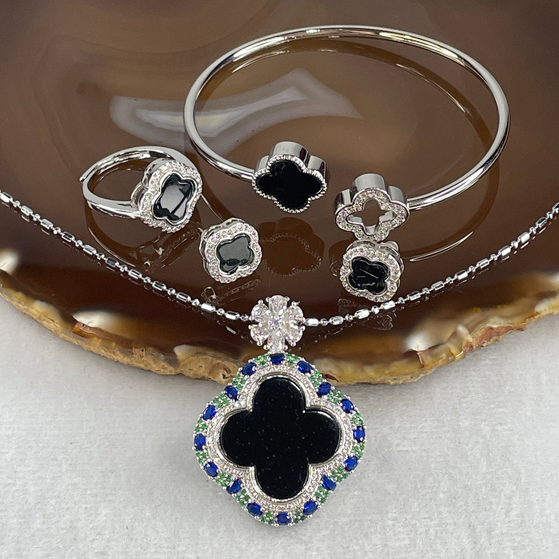 Certified-Natural-Type-A-Black-Omphacite-Jadeite-4-Leafs-Clover-in-S925-Sliver-Set-of-Earrings-6.6-by-6.4mm-Ring-and-Bracelet-9.9-by-8.9mm-Pendant-17.0-by-14.0mm-Total-21.55g