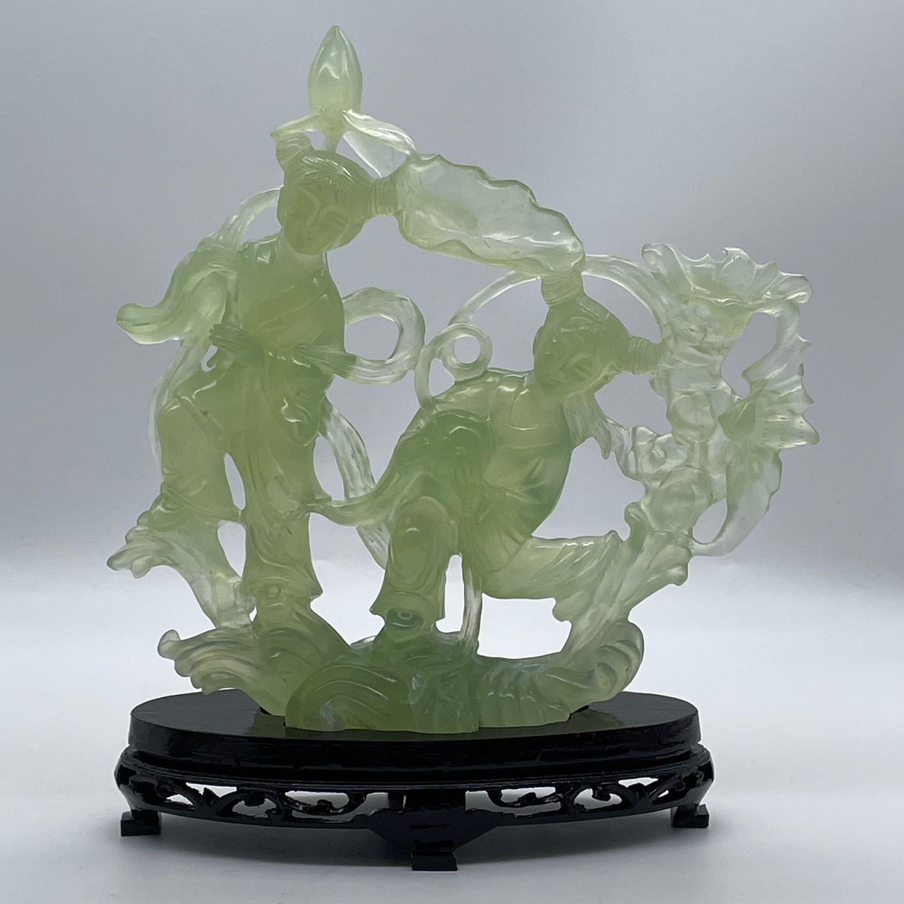 Natural Semi Icy Green Serpentine Twice Ne Zha on Tree on Wooden Stand Display 1,089.9g 220.0 by 80.0 by 255.0mm