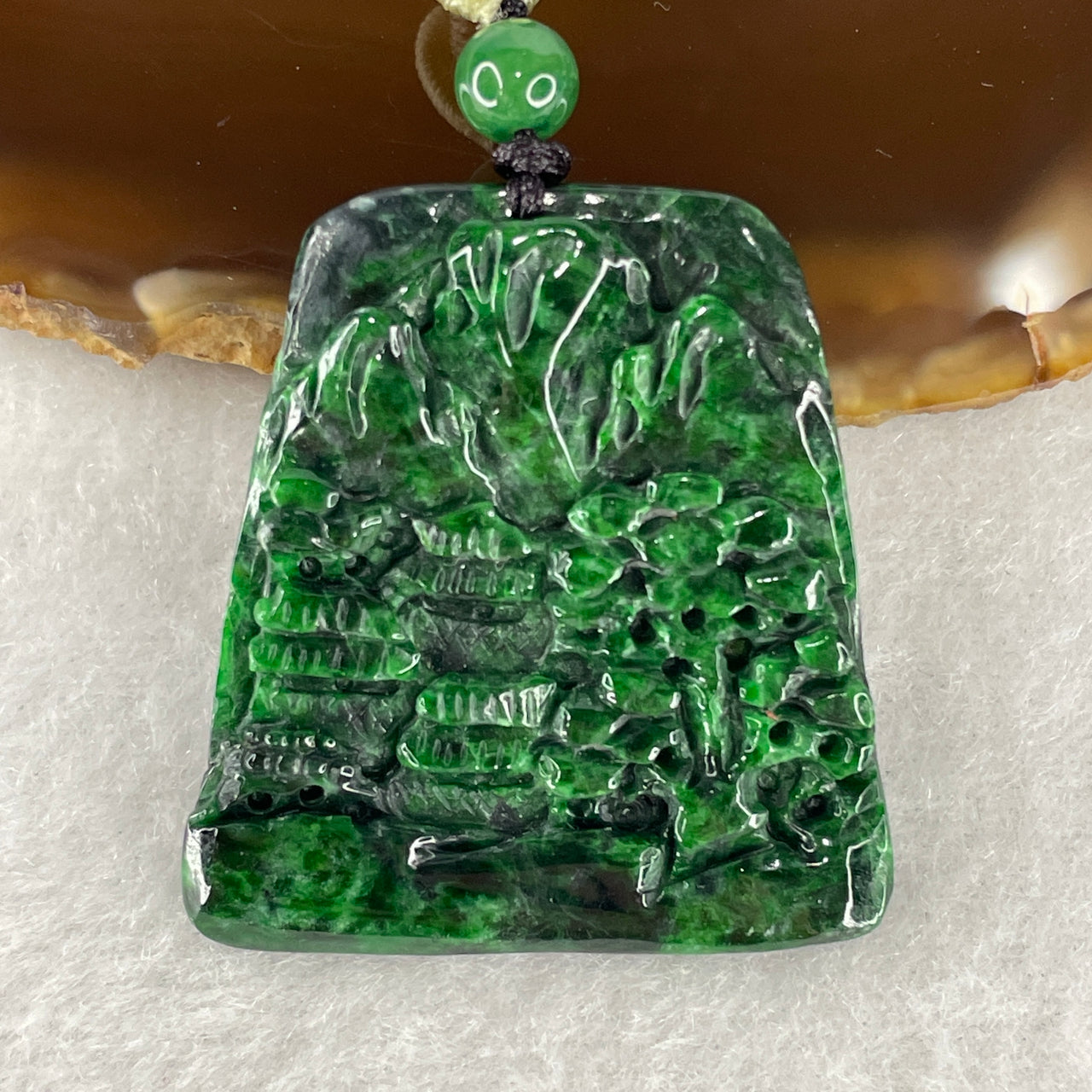 Certified Type A Natural Jadeite 12.21g - 36.7x34.0x4.5mm - Spicy Green Old Mine Shan Shui Pendant - Grade A Untreated Scenic Jadeite Art 36.7x34.0x4.5mm