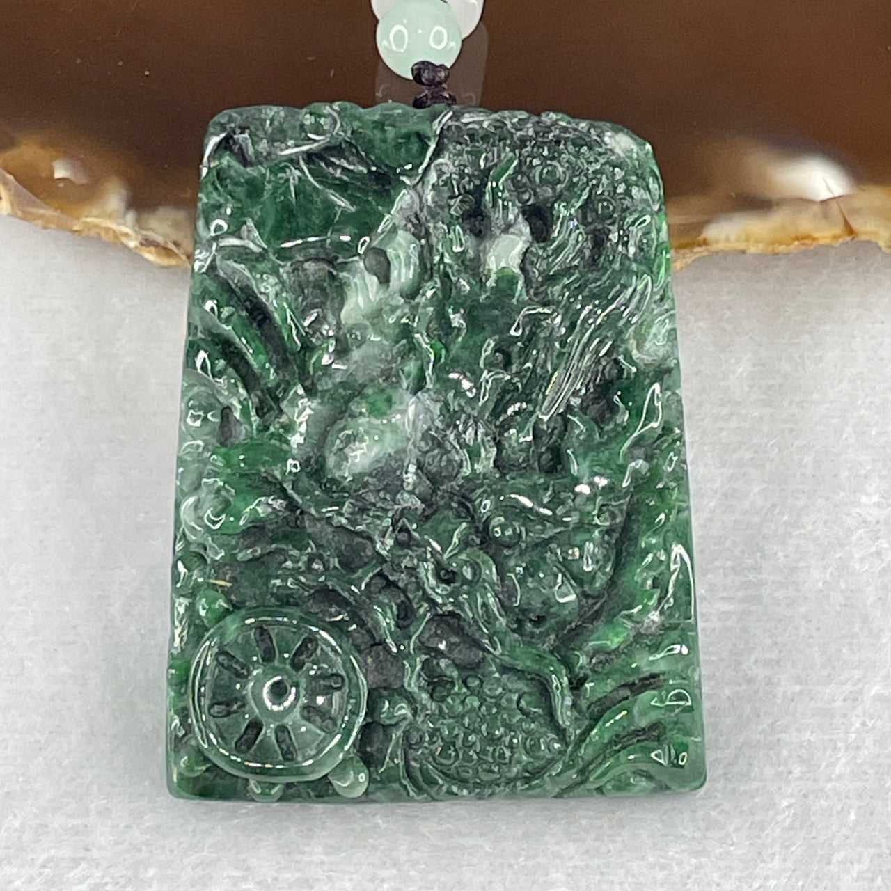 Certified Natural Type A Old Mine Green Jadeite Dragon with Ruyi and Coin Double Side Pendant 46.57g 52.2 by 40.0 by 8.8mm
